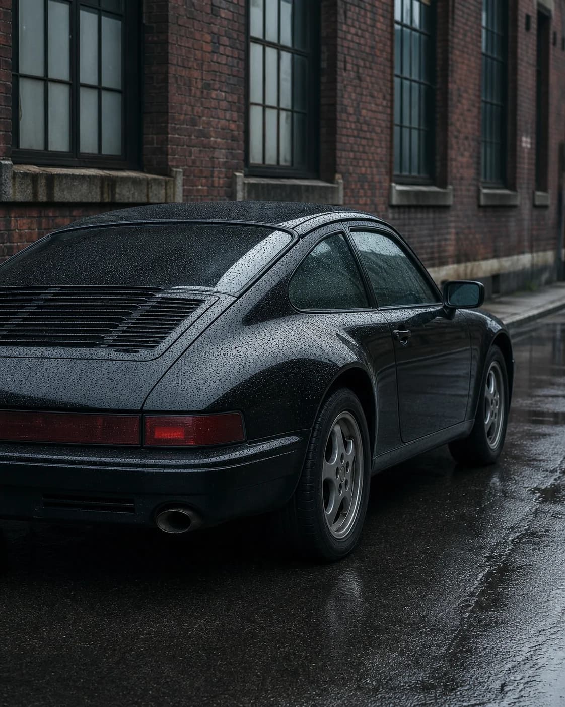Black 1990s-inspired coupe parked beside a brick warehouse after rain
