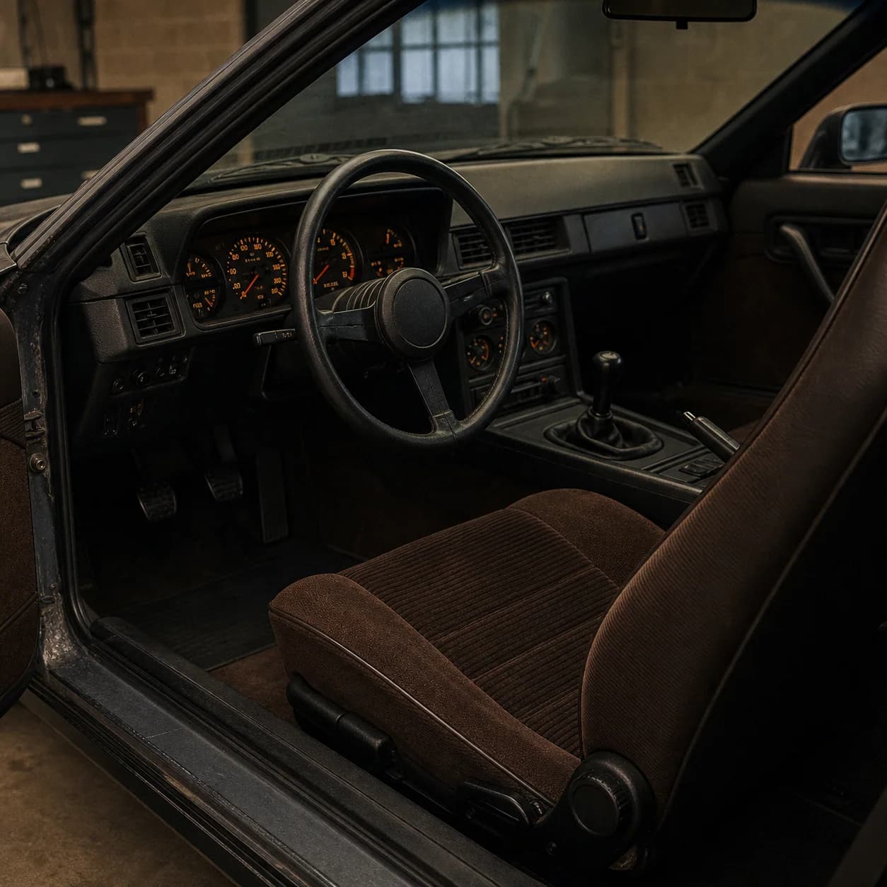 Brown cloth seat and analog dashboard inside a vintage sports coupe