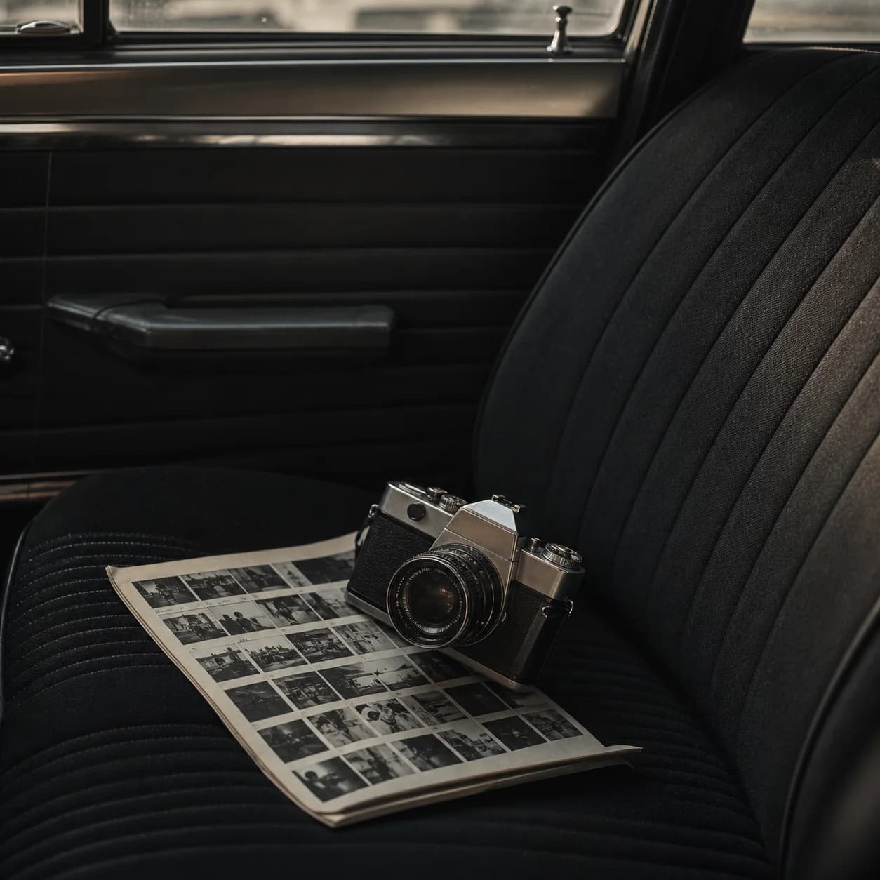 Mechanical film camera resting on a vintage car seat beside a contact sheet