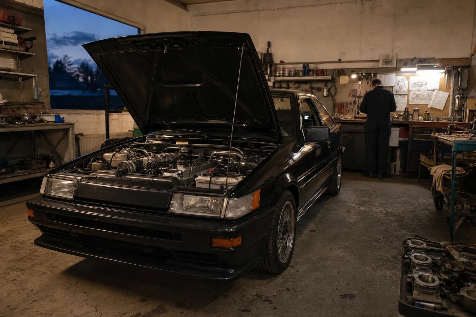 Black 1980s-inspired coupe with its hood open in a working garage