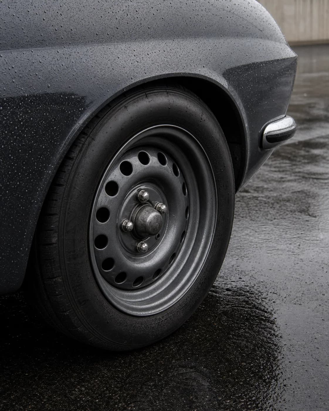 Rain-speckled steel wheel on a charcoal vintage coupe