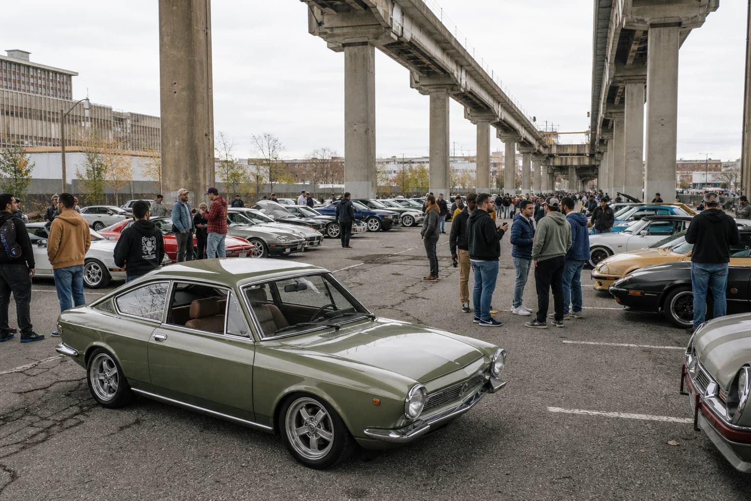 Adults gathered around parked enthusiast cars beneath an elevated rail line